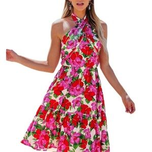 CUPSHE Floral Crossover Halterneck Mini Dress Size Medium